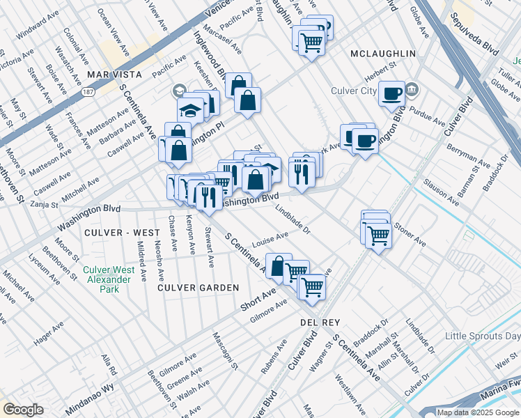 map of restaurants, bars, coffee shops, grocery stores, and more near in Culver City