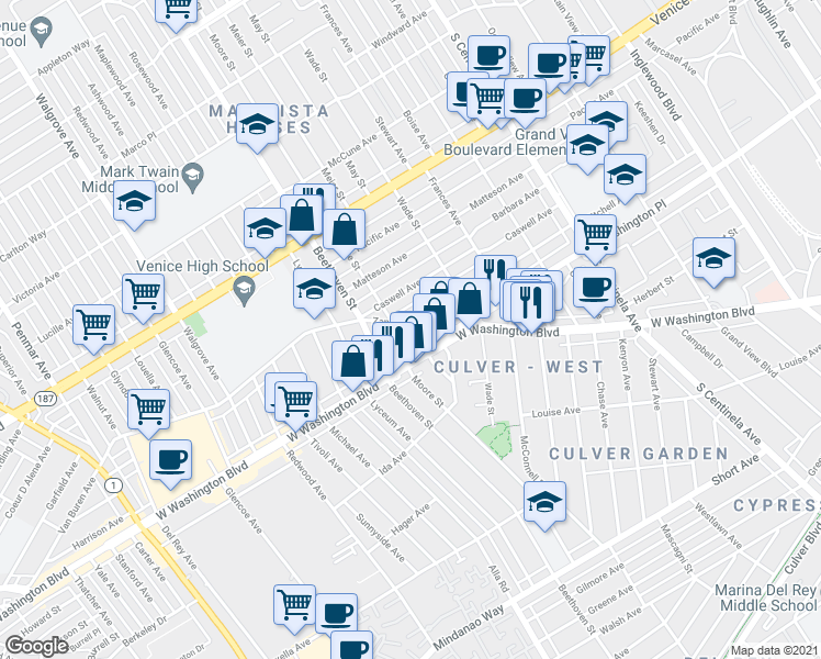 map of restaurants, bars, coffee shops, grocery stores, and more near 12751 Mitchell Avenue in Los Angeles
