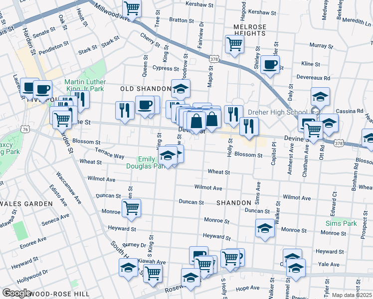 map of restaurants, bars, coffee shops, grocery stores, and more near 2720 Devine Street in Columbia