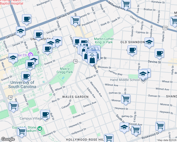 map of restaurants, bars, coffee shops, grocery stores, and more near 701 Santee Avenue in Columbia
