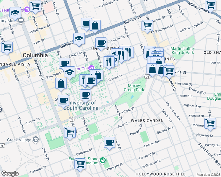 map of restaurants, bars, coffee shops, grocery stores, and more near 709 Henderson Street in Columbia