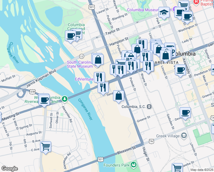 map of restaurants, bars, coffee shops, grocery stores, and more near 1133 Williams Street in Columbia