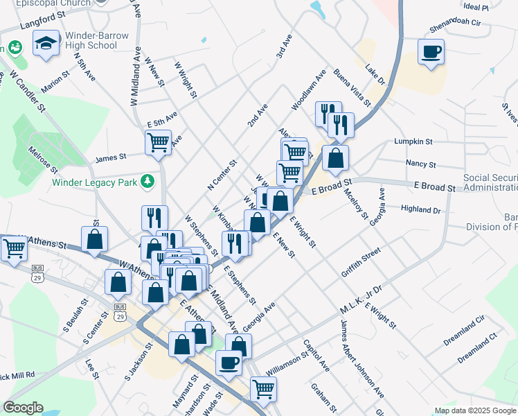 map of restaurants, bars, coffee shops, grocery stores, and more near 19 West New Street in Winder