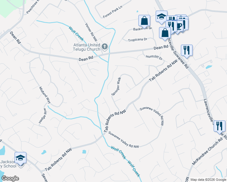map of restaurants, bars, coffee shops, grocery stores, and more near 2175 Springer Walk in Lawrenceville