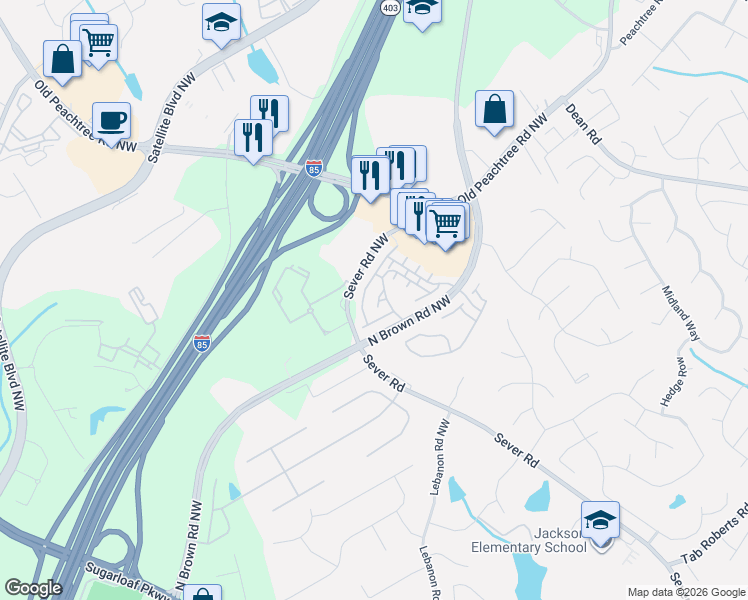 map of restaurants, bars, coffee shops, grocery stores, and more near 2390 Strand Avenue in Lawrenceville