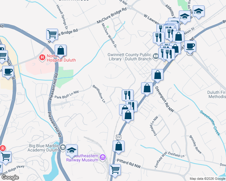 map of restaurants, bars, coffee shops, grocery stores, and more near 3684 Willgrove Way in Duluth