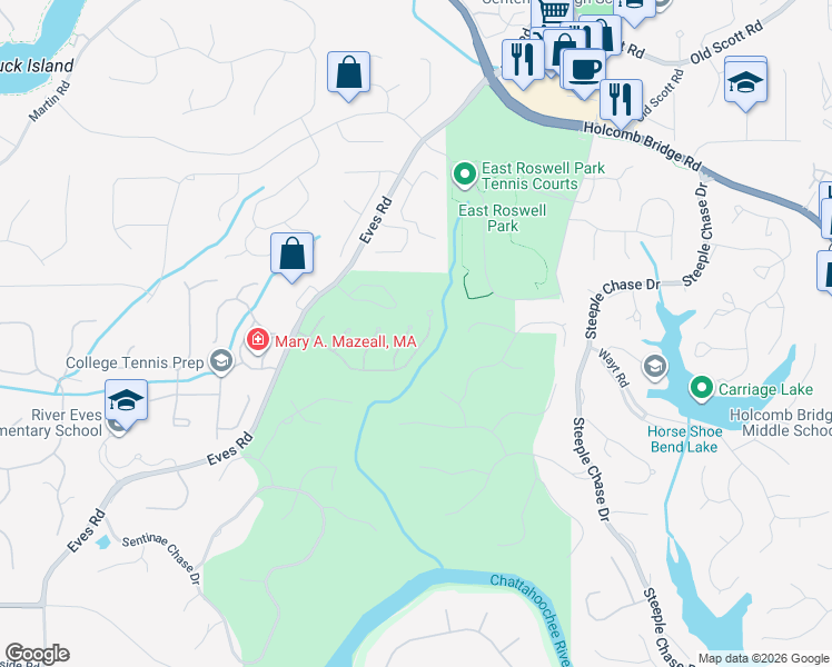 map of restaurants, bars, coffee shops, grocery stores, and more near 2125 River Falls Drive in Roswell