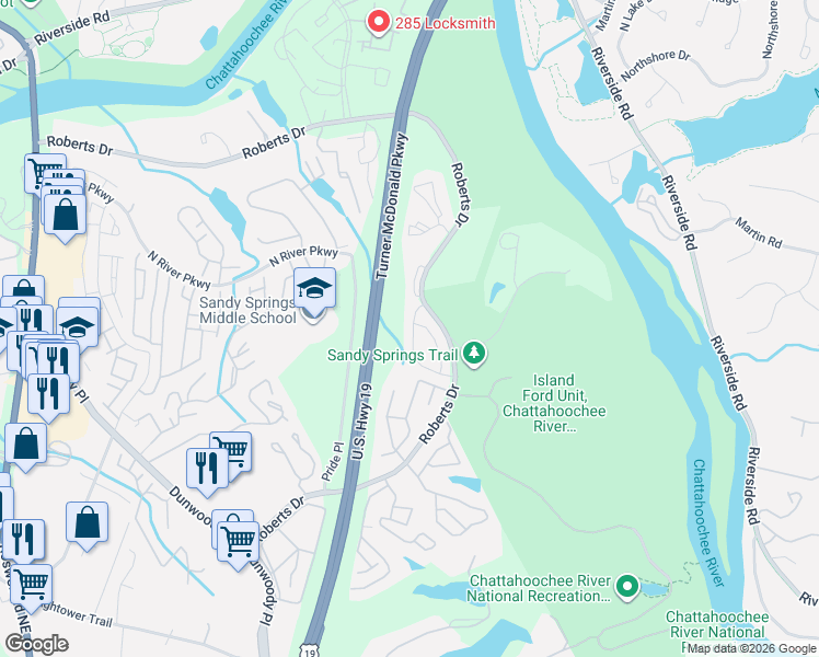 map of restaurants, bars, coffee shops, grocery stores, and more near 8880 Long Beach Circle in Atlanta