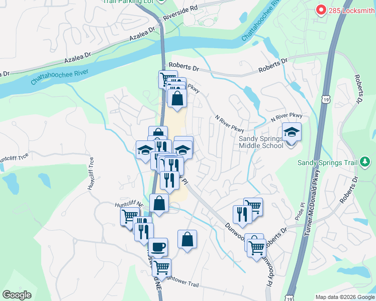 map of restaurants, bars, coffee shops, grocery stores, and more near 275 Winding River Drive in Atlanta