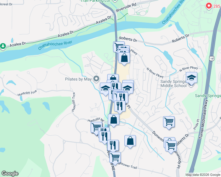 map of restaurants, bars, coffee shops, grocery stores, and more near 8763 Highway 9 in Sandy Springs