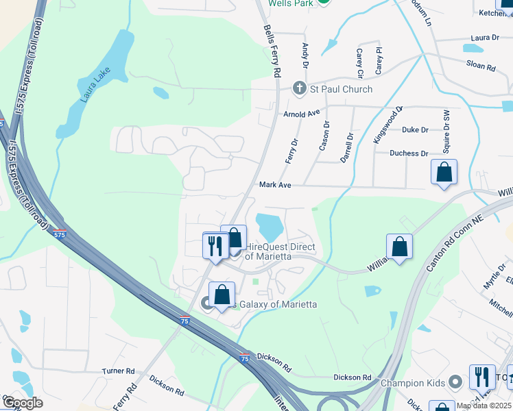 map of restaurants, bars, coffee shops, grocery stores, and more near 351 Oak Harbor Trail in Marietta