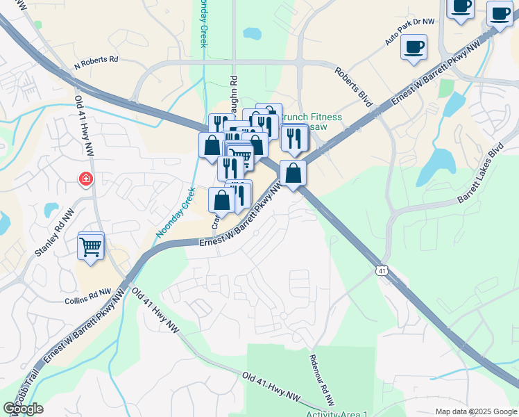 map of restaurants, bars, coffee shops, grocery stores, and more near 1300 Ernest W Barrett Parkway Northwest in Kennesaw