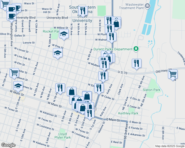 map of restaurants, bars, coffee shops, grocery stores, and more near 703 North 3rd Avenue in Durant
