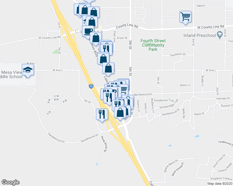 map of restaurants, bars, coffee shops, grocery stores, and more near 546 Myrtlewood Drive in Calimesa