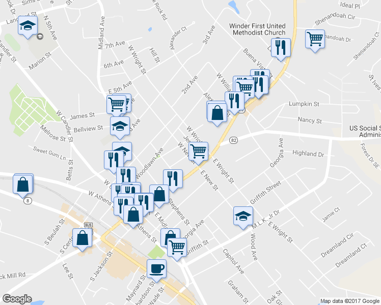 map of restaurants, bars, coffee shops, grocery stores, and more near 19 West New Street in Winder