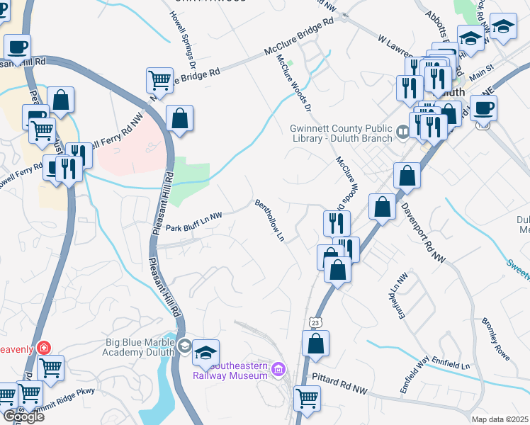map of restaurants, bars, coffee shops, grocery stores, and more near 3504 Benthollow Lane in Duluth