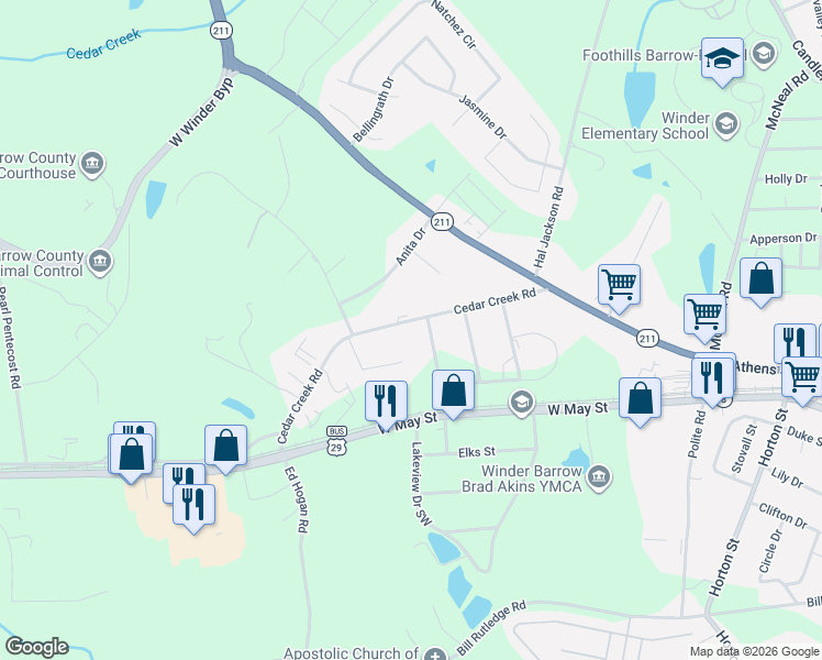 map of restaurants, bars, coffee shops, grocery stores, and more near 343 Cedar Creek Road in Winder
