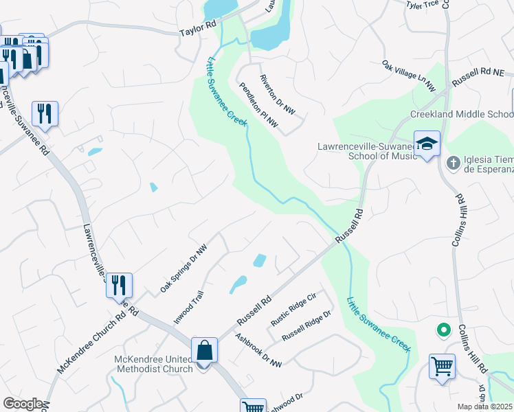 map of restaurants, bars, coffee shops, grocery stores, and more near 345 Oak Springs Drive Northwest in Lawrenceville