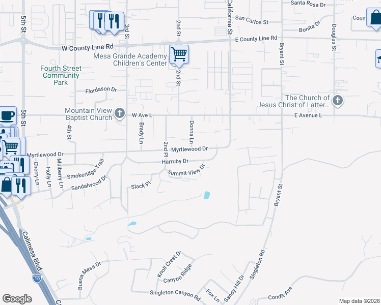 map of restaurants, bars, coffee shops, grocery stores, and more near 177 Myrtlewood Drive in Calimesa