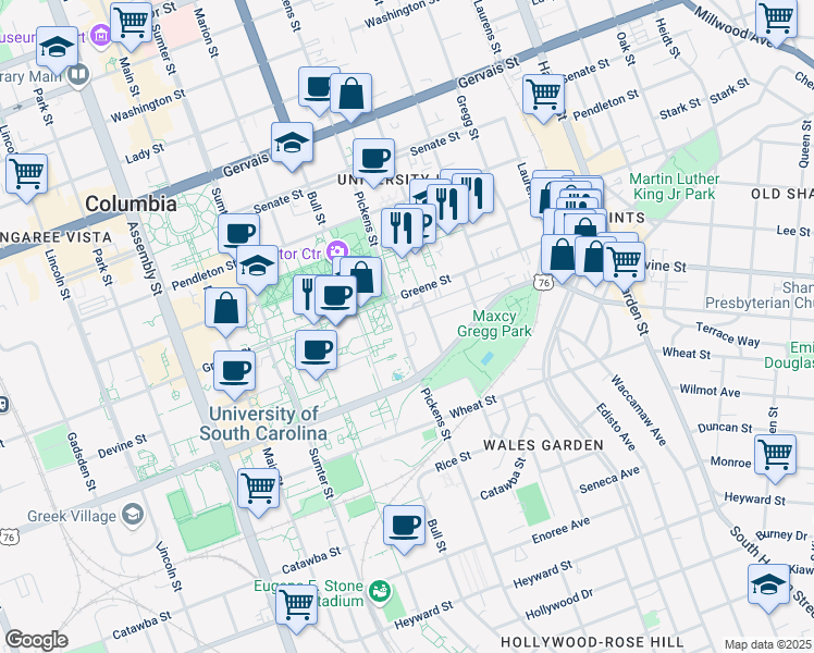map of restaurants, bars, coffee shops, grocery stores, and more near 700 Pickens Street in Columbia