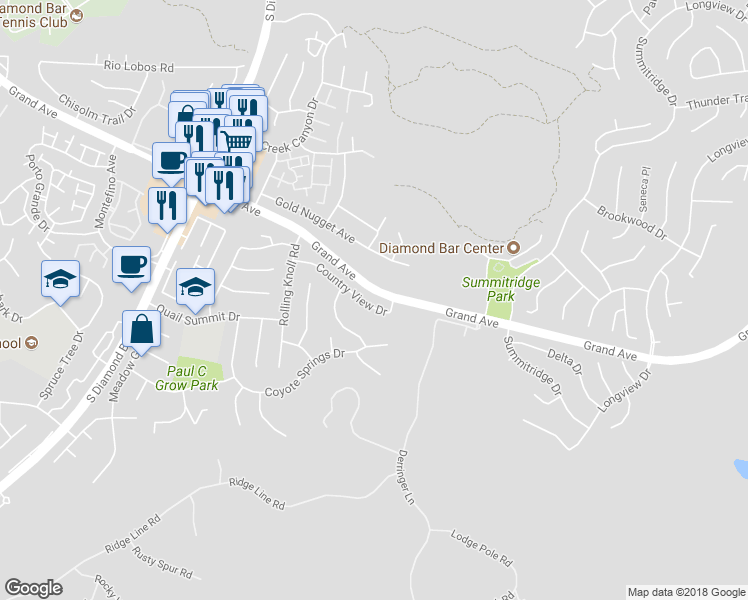 map of restaurants, bars, coffee shops, grocery stores, and more near 23819 Country View Drive in Diamond Bar