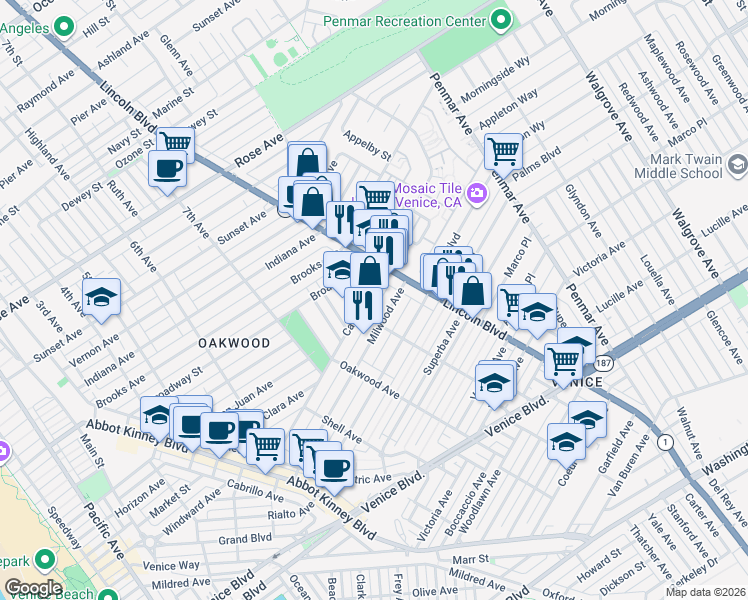 map of restaurants, bars, coffee shops, grocery stores, and more near 920 California Avenue in Los Angeles
