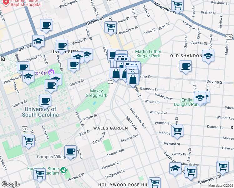 map of restaurants, bars, coffee shops, grocery stores, and more near 620 Saluda Avenue in Columbia