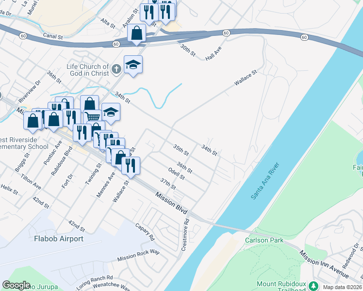 map of restaurants, bars, coffee shops, grocery stores, and more near 5345 35th Street in Riverside