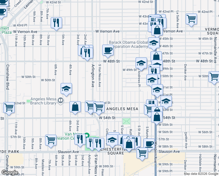 map of restaurants, bars, coffee shops, grocery stores, and more near 5102 Cimarron Street in Los Angeles