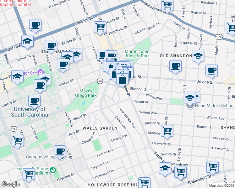 map of restaurants, bars, coffee shops, grocery stores, and more near 701 Santee Avenue in Columbia