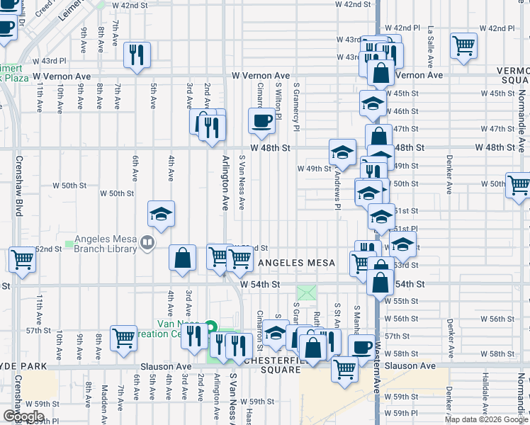 map of restaurants, bars, coffee shops, grocery stores, and more near 5102 Cimarron Street in Los Angeles