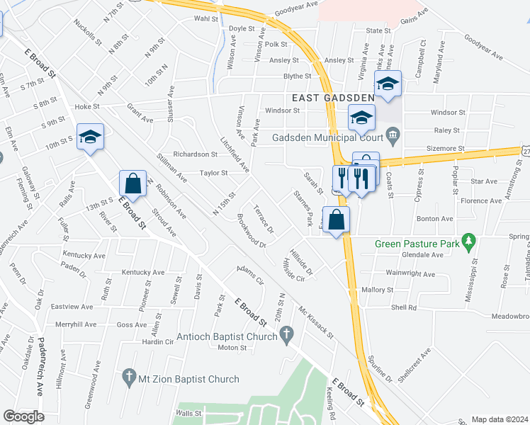map of restaurants, bars, coffee shops, grocery stores, and more near 1526 Terrace Drive in Gadsden