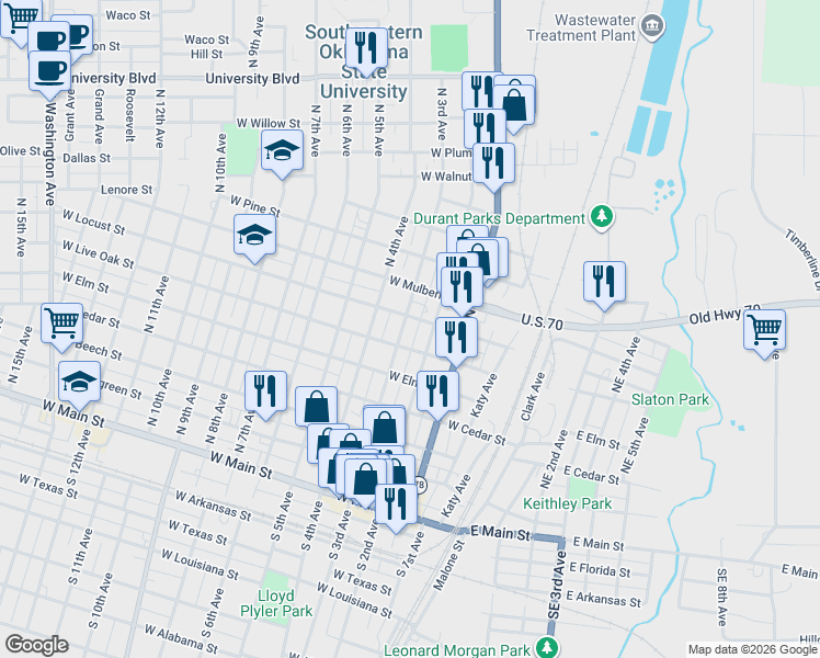 map of restaurants, bars, coffee shops, grocery stores, and more near 703 North 3rd Avenue in Durant