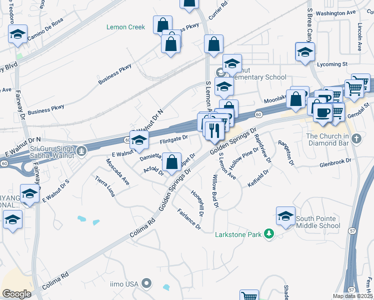 map of restaurants, bars, coffee shops, grocery stores, and more near 1136 Belbury Drive in Walnut