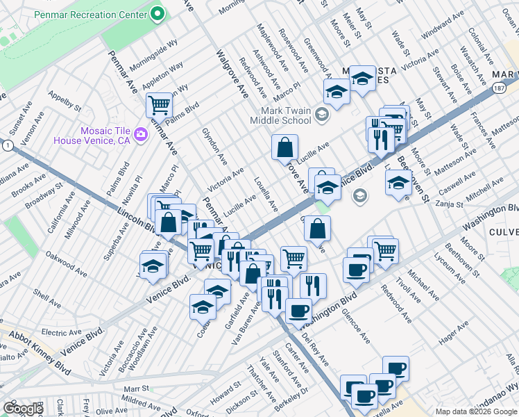 map of restaurants, bars, coffee shops, grocery stores, and more near 2320 Glyndon Avenue in Los Angeles