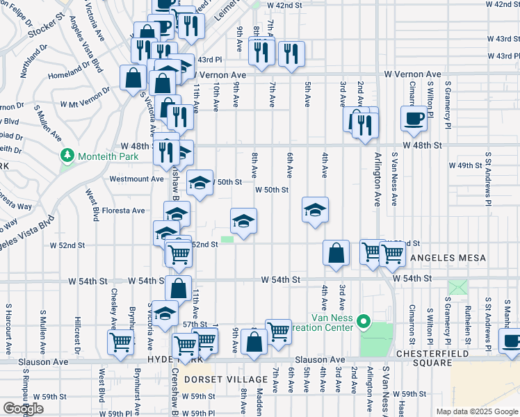 map of restaurants, bars, coffee shops, grocery stores, and more near 5100 8th Avenue in Los Angeles