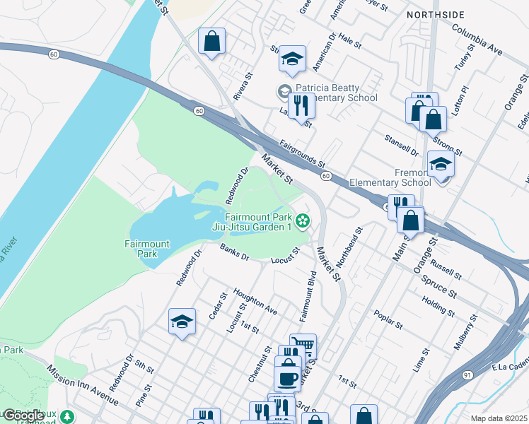 map of restaurants, bars, coffee shops, grocery stores, and more near 2560 Dexter Dr in Riverside