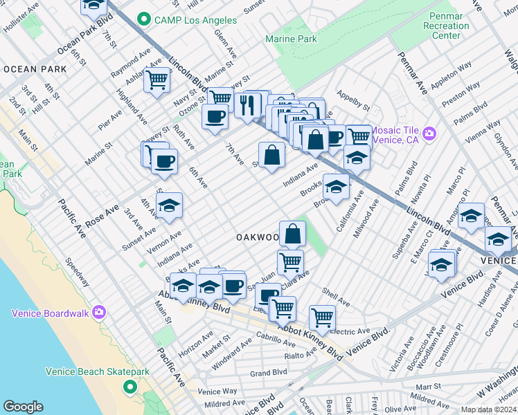 map of restaurants, bars, coffee shops, grocery stores, and more near 656 Indiana Avenue in Los Angeles