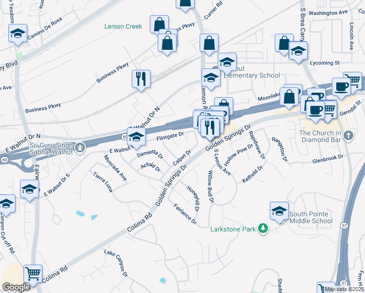 map of restaurants, bars, coffee shops, grocery stores, and more near 1136 Belbury Drive in Walnut