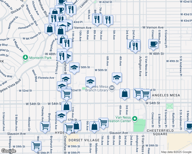 map of restaurants, bars, coffee shops, grocery stores, and more near 5100 8th Avenue in Los Angeles