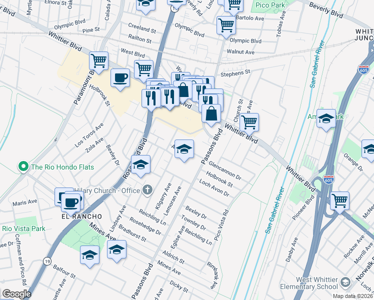 map of restaurants, bars, coffee shops, grocery stores, and more near Almo Street in Pico Rivera