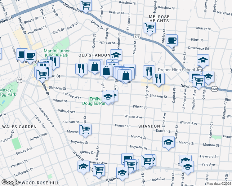 map of restaurants, bars, coffee shops, grocery stores, and more near 600 Woodrow Street in Columbia