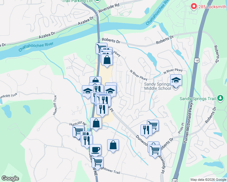 map of restaurants, bars, coffee shops, grocery stores, and more near 275 Winding River Drive in Atlanta