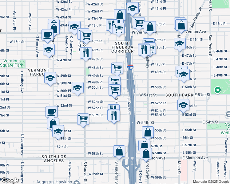 map of restaurants, bars, coffee shops, grocery stores, and more near 455 West 50th Street in Los Angeles