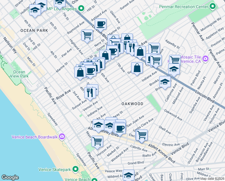 map of restaurants, bars, coffee shops, grocery stores, and more near 559 Vernon Avenue in Los Angeles