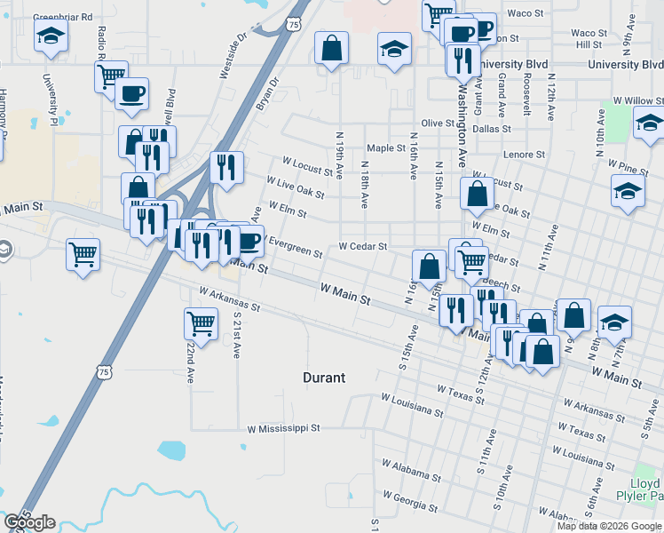 map of restaurants, bars, coffee shops, grocery stores, and more near 1812 West Evergreen Street in Durant