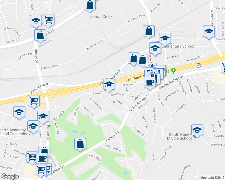 map of restaurants, bars, coffee shops, grocery stores, and more near 20302 Flintgate Drive in Walnut