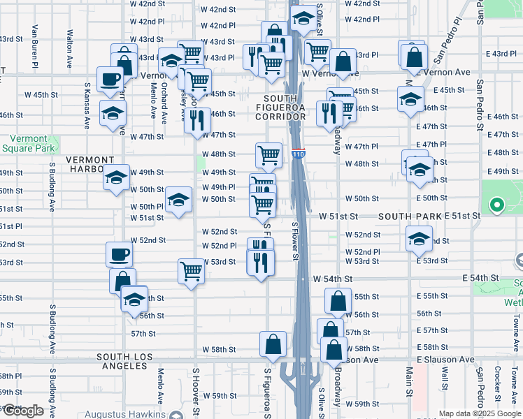 map of restaurants, bars, coffee shops, grocery stores, and more near 5017 South Figueroa Street in Los Angeles