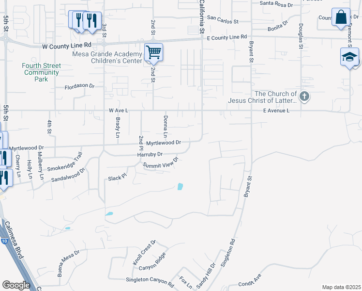 map of restaurants, bars, coffee shops, grocery stores, and more near 147 Myrtlewood Drive in Calimesa