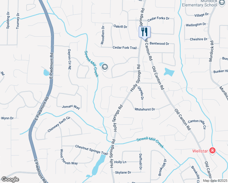 map of restaurants, bars, coffee shops, grocery stores, and more near 2560 Valencia Drive Northeast in Marietta
